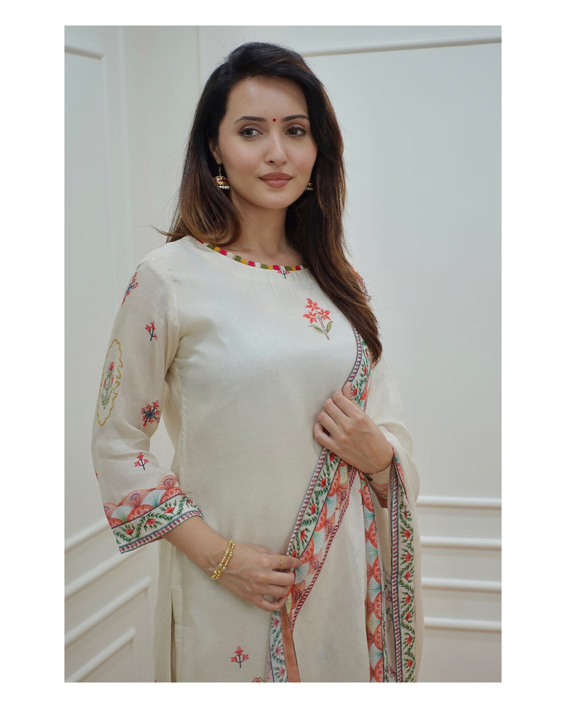 Ivory Muslin Digital Print Suit