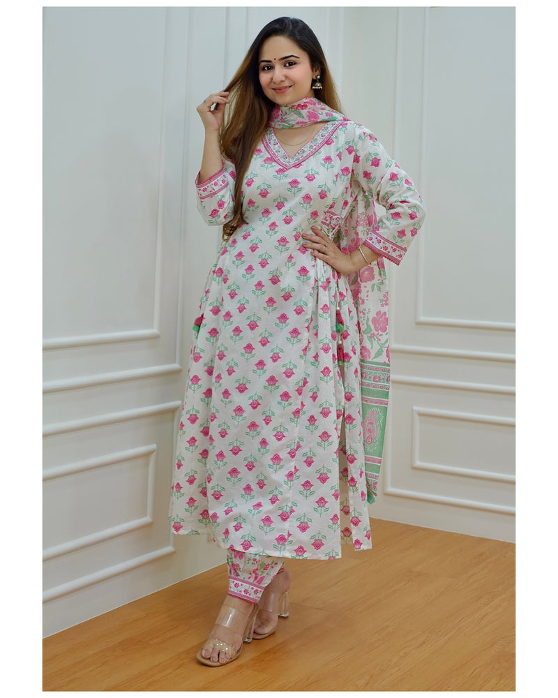 Pink-White Floral Afghani Suit