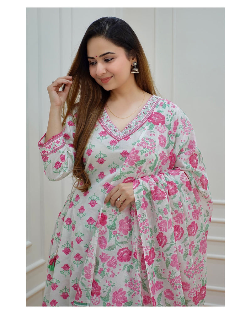 Pink-White Floral Afghani Suit