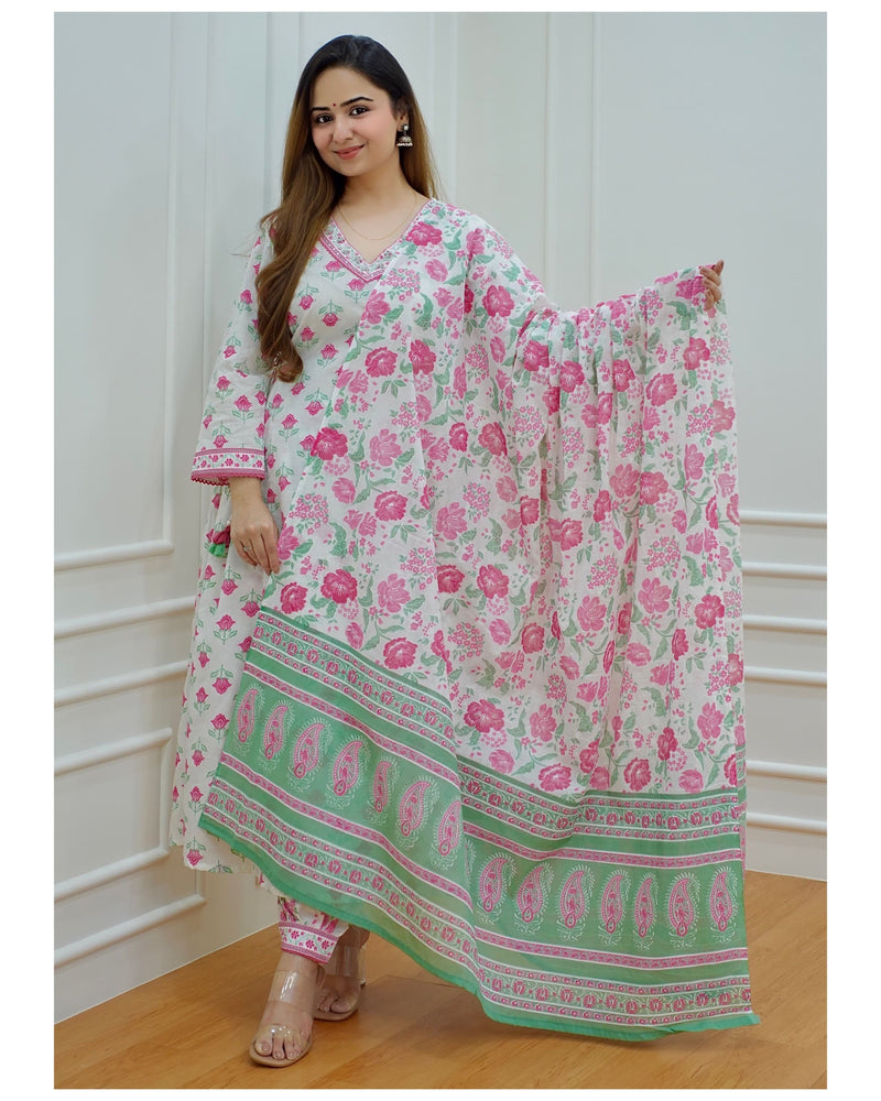 Pink-White Floral Afghani Suit