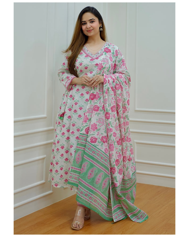 Pink-White Floral Afghani Suit