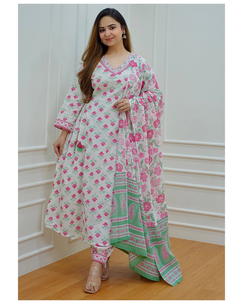 Pink-White Floral Afghani Suit