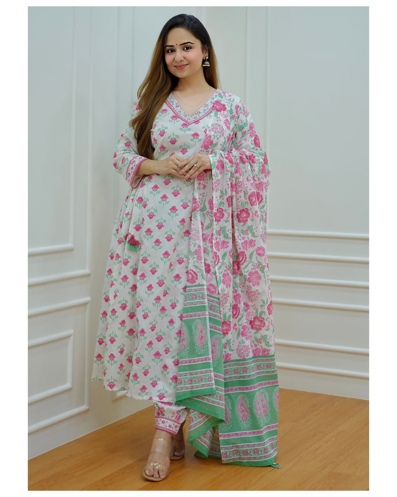 Pink-White Floral Afghani Suit