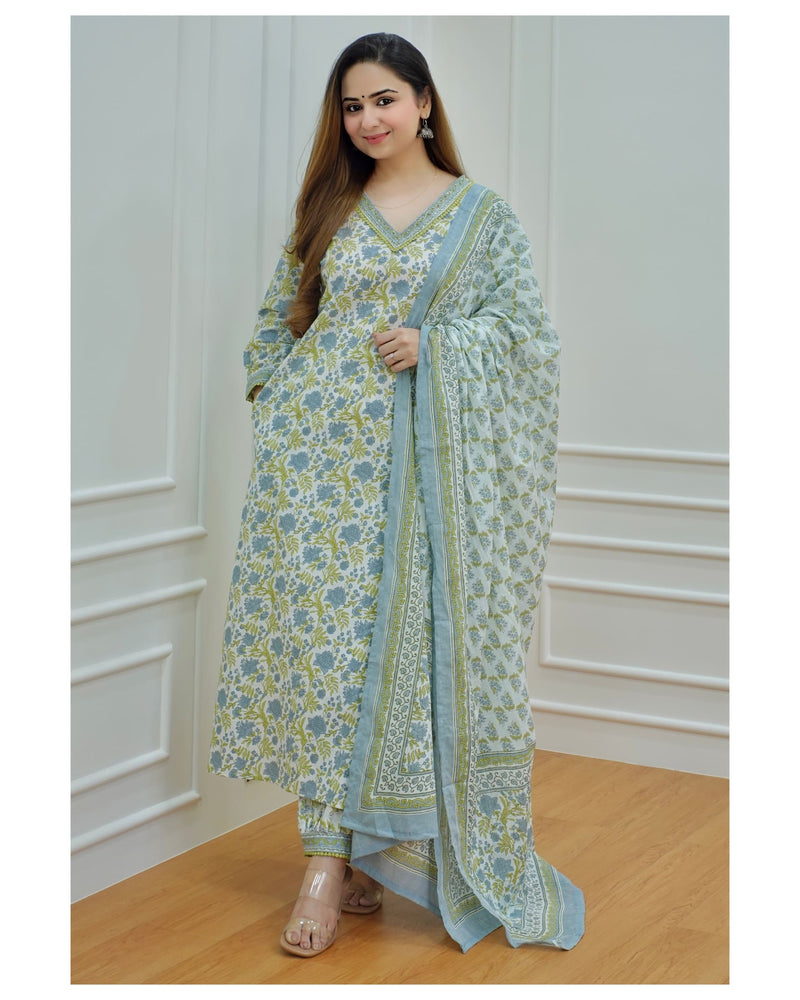 Blue-Green Floral Afghani Suit Set