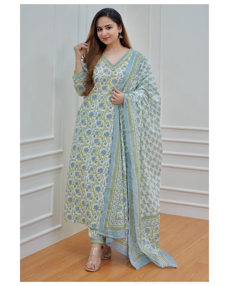 Blue-Green Floral Afghani Suit Set