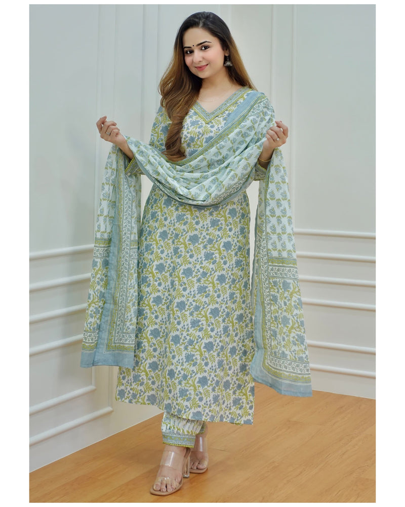 Blue-Green Floral Afghani Suit Set