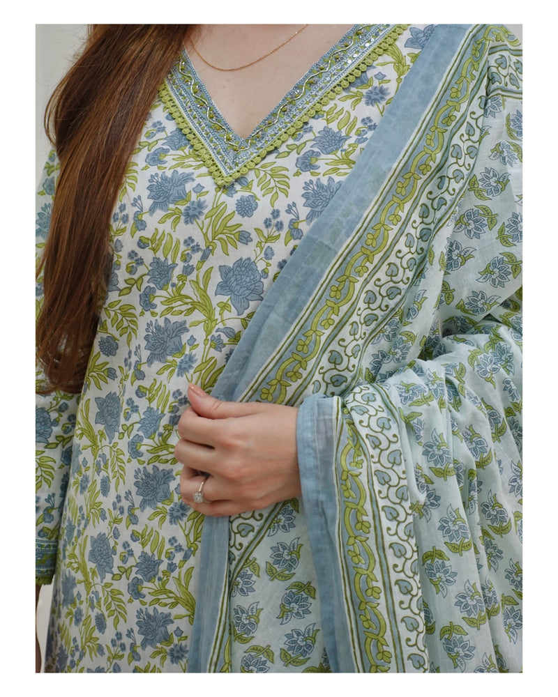 Blue-Green Floral Afghani Suit Set