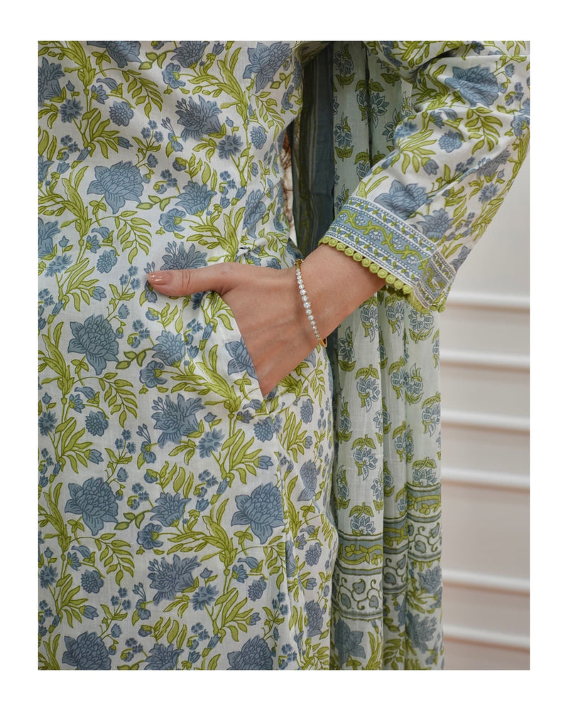 Blue-Green Floral Afghani Suit Set