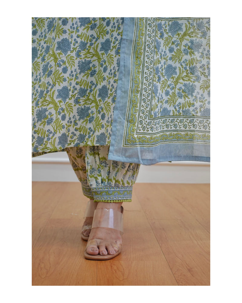 Blue-Green Floral Afghani Suit Set