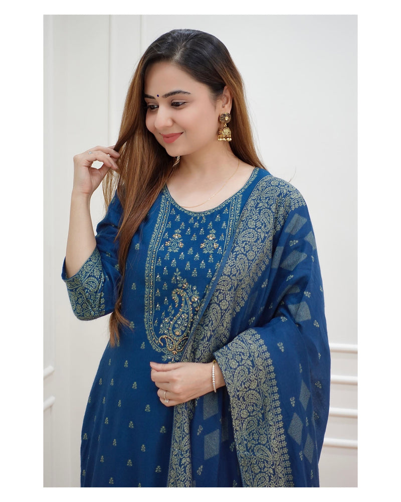 Blue Embroidered Pashmina Suit