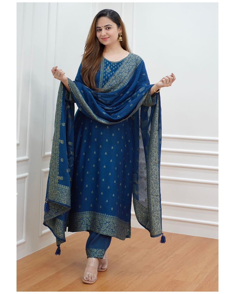 Blue Embroidered Pashmina Suit