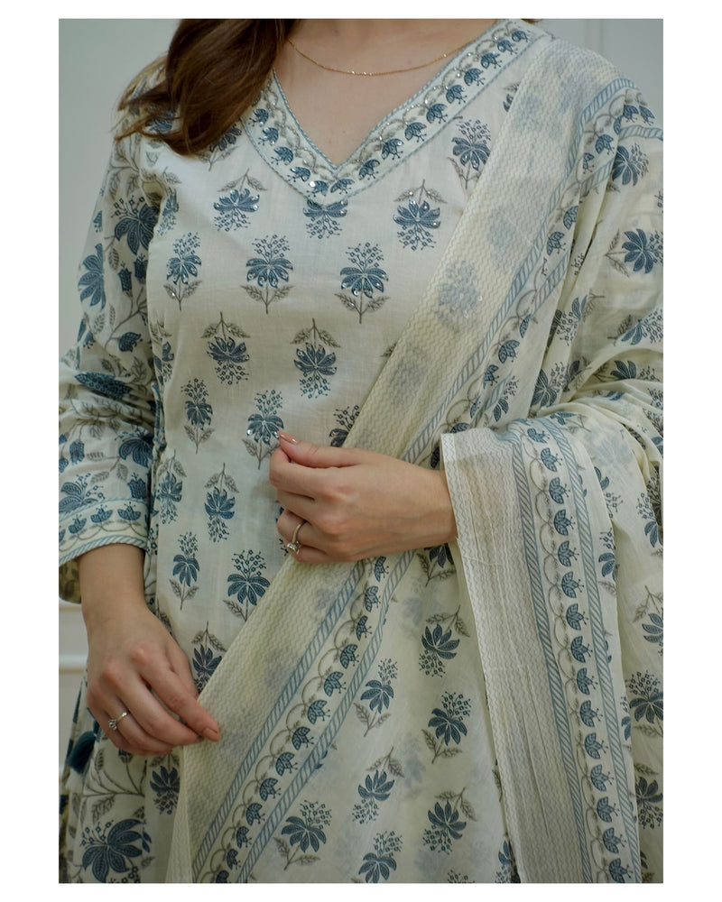 Grey-White Floral Afghani Suit