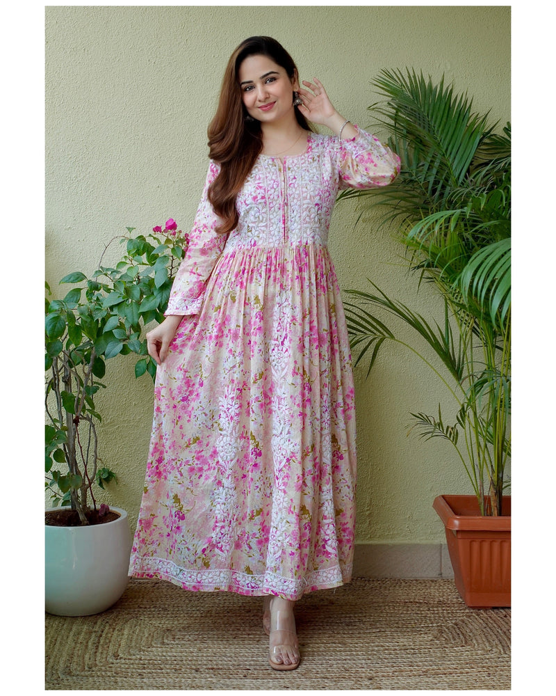 Pink Floral Lucknowi Chikankari Kurta