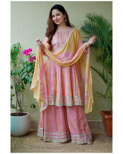 Pink Yellow Embroidered Sharara Set