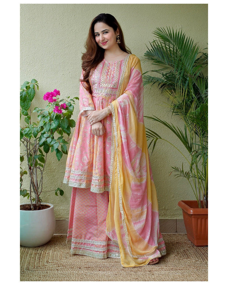 Pink Yellow Embroidered Sharara Set