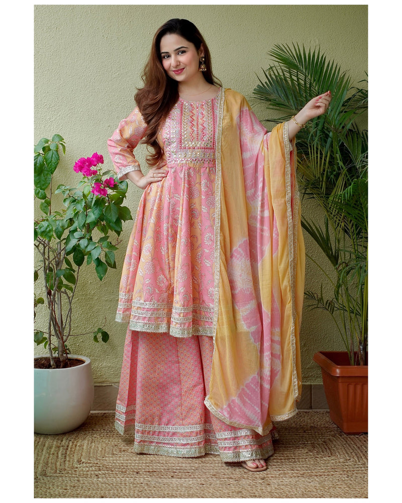 Pink Yellow Embroidered Sharara Set