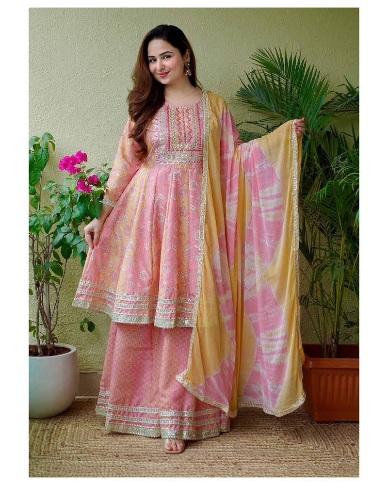 Pink Yellow Embroidered Sharara Set