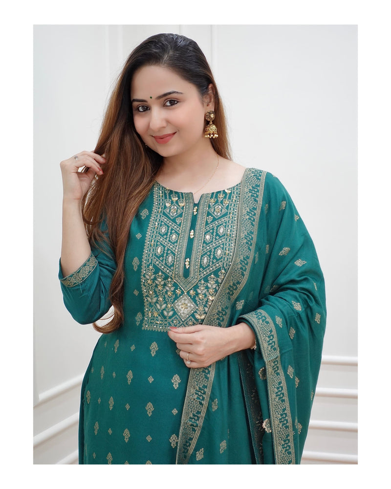 Green Embroidered Pashmina Suit