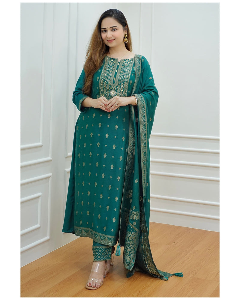 Green Embroidered Pashmina Suit
