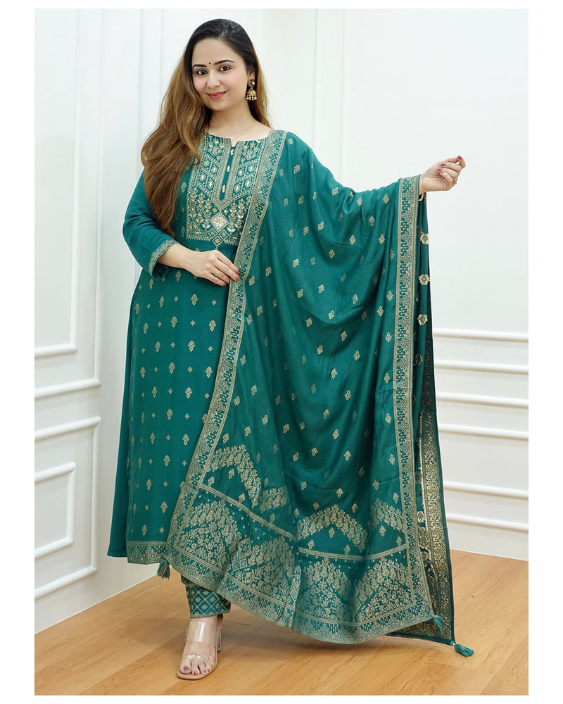 Green Embroidered Pashmina Suit