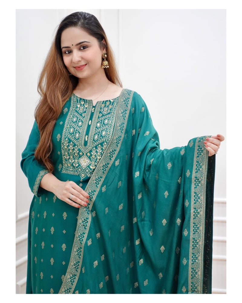 Green Embroidered Pashmina Suit