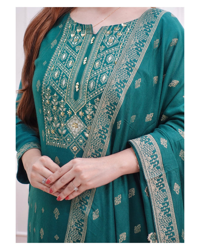 Green Embroidered Pashmina Suit