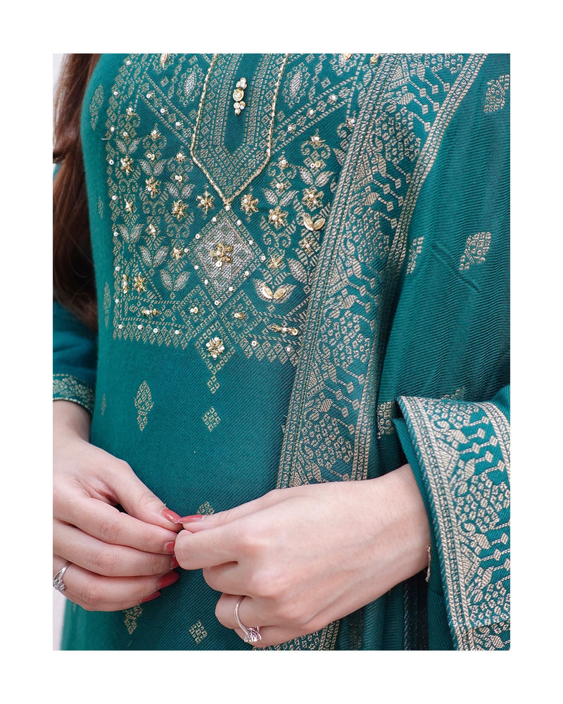 Green Embroidered Pashmina Suit