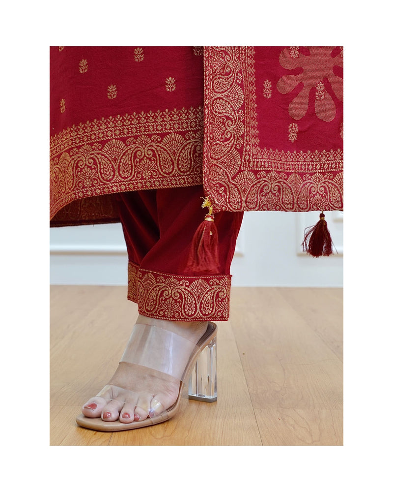 Maroon Embroidered Pashmina Suit