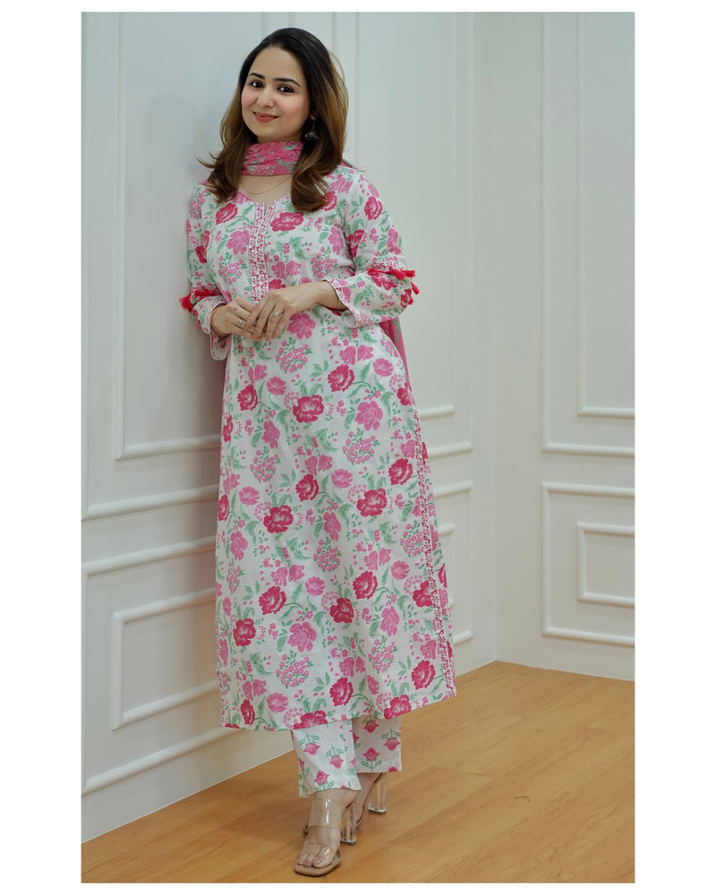 Pink-White Floral Cotton Suit