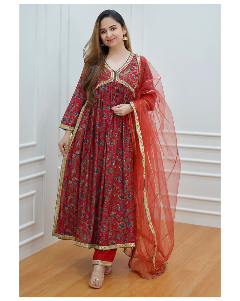 Maroon Floral Muslin Alia Handwork Suit