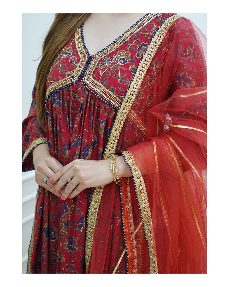 Maroon Floral Muslin Alia Handwork Suit