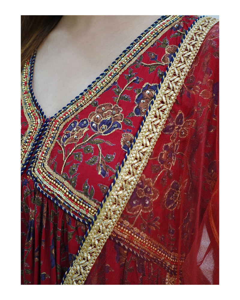 Maroon Floral Muslin Alia Handwork Suit