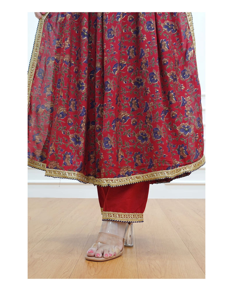 Maroon Floral Muslin Alia Handwork Suit