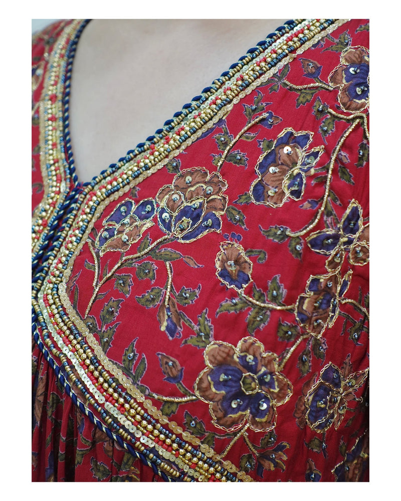 Maroon Floral Muslin Alia Handwork Suit