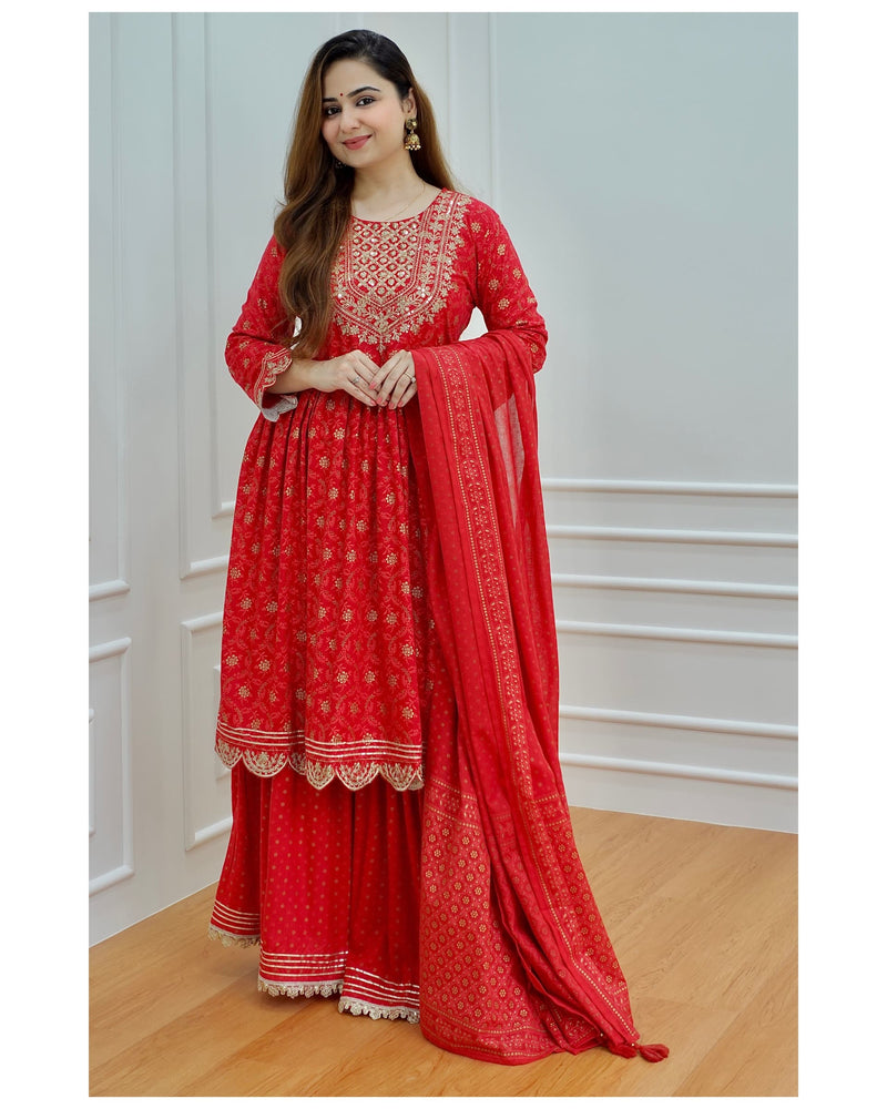 Red Embroidered Sharara Set