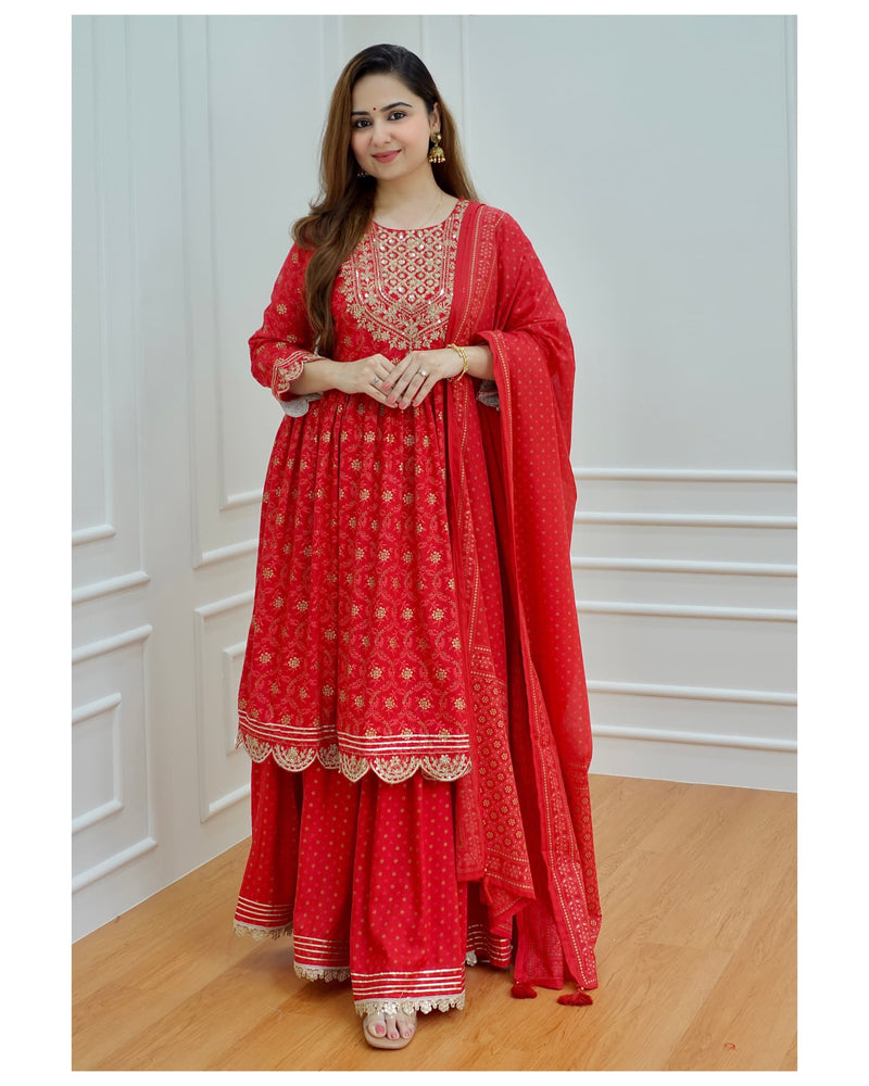 Red Embroidered Sharara Set