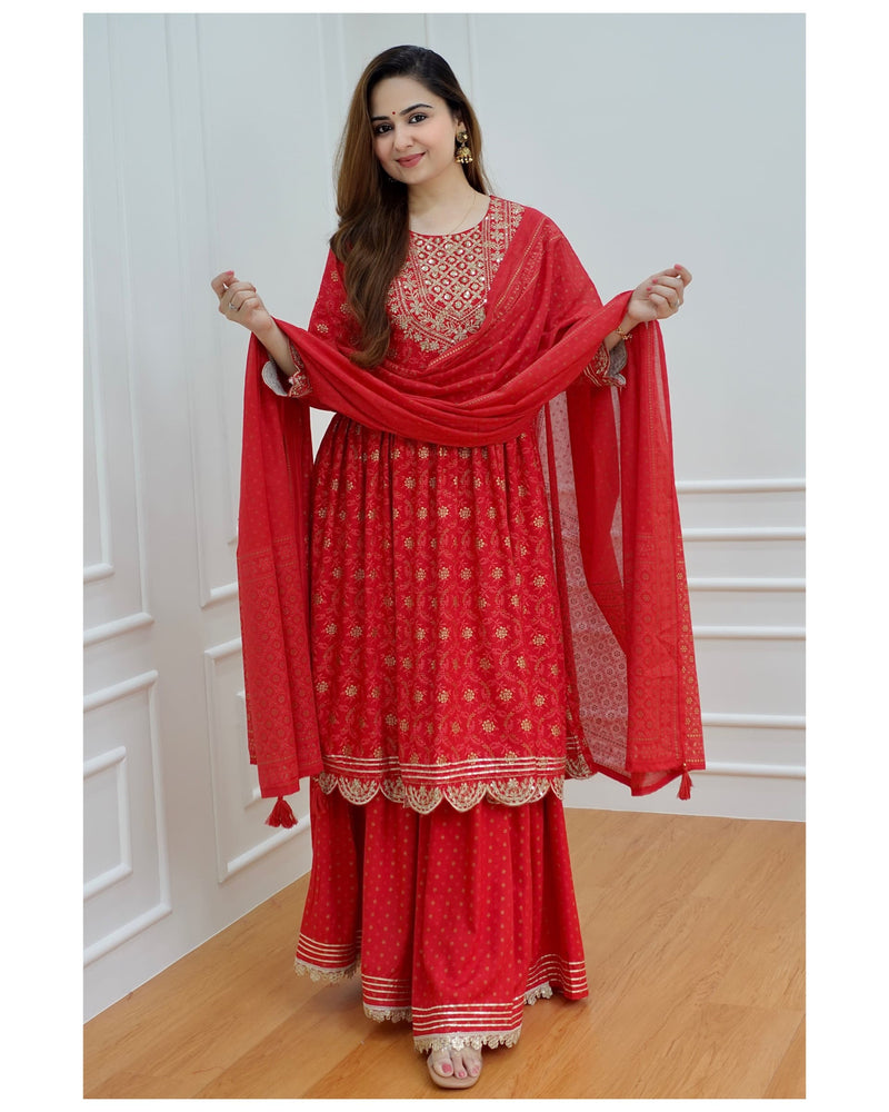 Red Embroidered Sharara Set