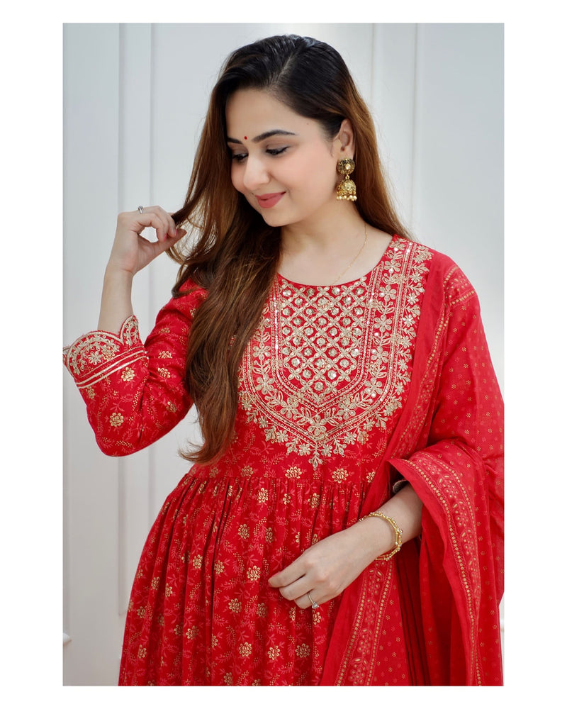 Red Embroidered Sharara Set