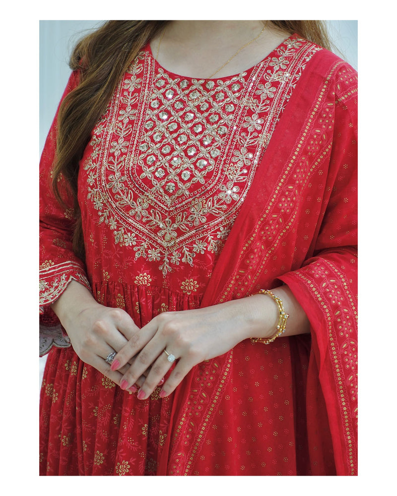 Red Embroidered Sharara Set