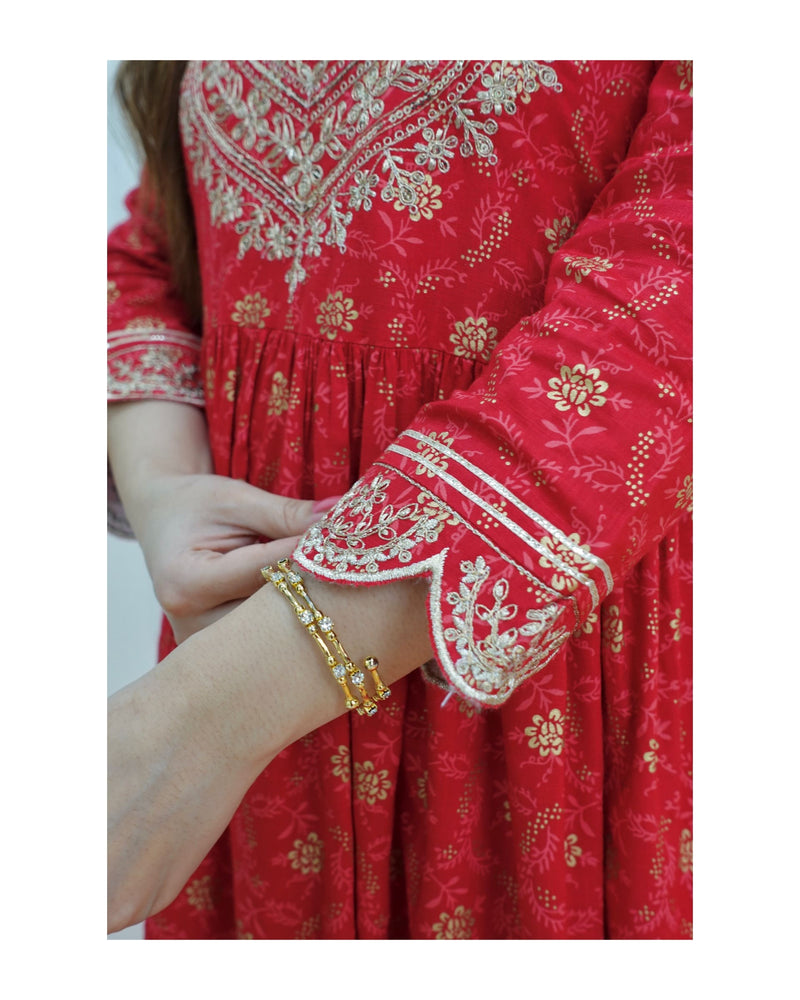 Red Embroidered Sharara Set